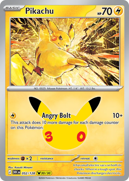 Pokemon Pikachu Kazuki Minami Pikachu Rare 30th Celebration 30C 052/128 English Single Card