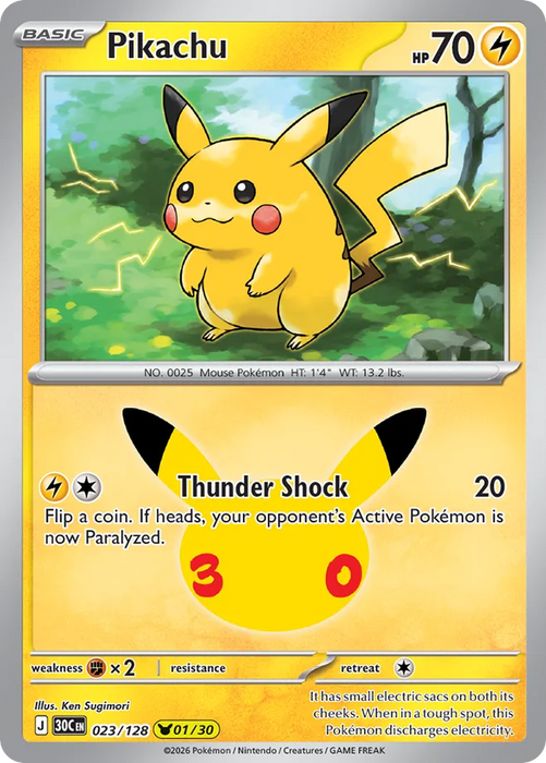 Pokemon Pikachu Ken Sugimori Pikachu Rare 30th Celebration 30C 023/128 English Single Card