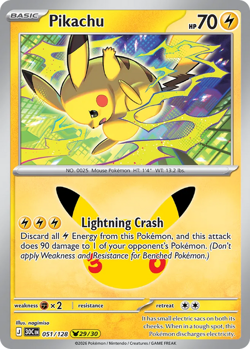 Pokemon Pikachu nagimiso Pikachu Rare 30th Celebration 30C 051/128 English Single Card