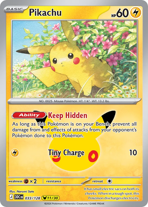 Pokemon Pikachu Narumi Sato Pikachu Rare 30th Celebration 30C 033/128 English Single Card