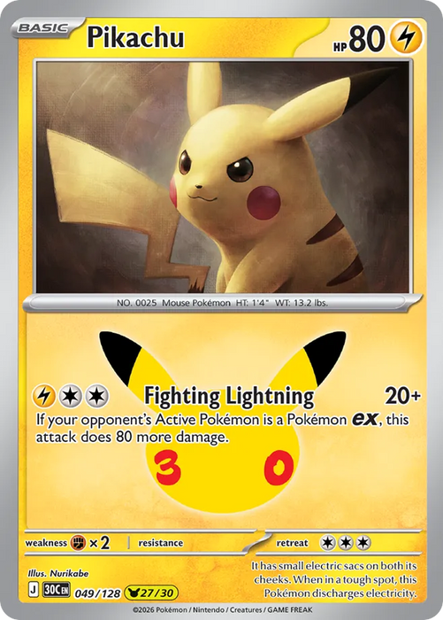 Pokemon Pikachu Nurikabe Pikachu Rare 30th Celebration 30C 049/128 English Single Card