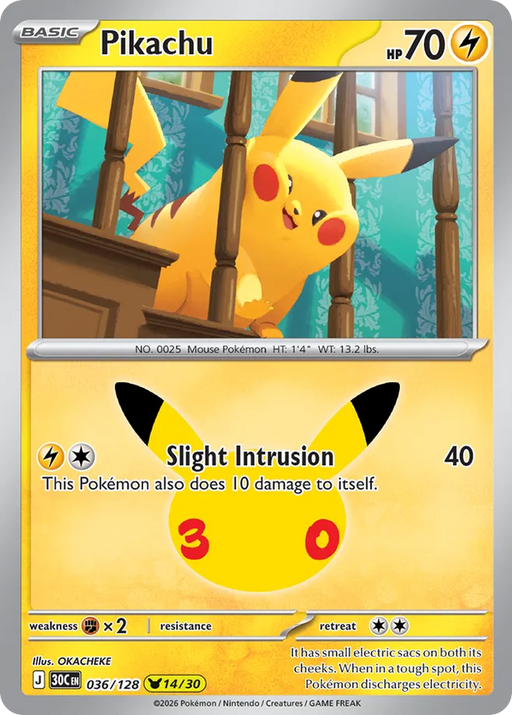 Pokemon Pikachu OKACHEKE Pikachu Rare 30th Celebration 30C 036/128 English Single Card