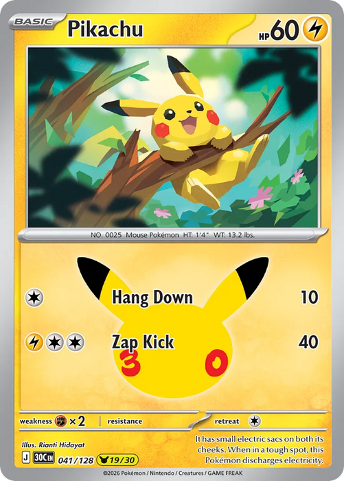 Pokemon Pikachu Rianti Hidayat Pikachu Rare 30th Celebration 30C 041/128 English Single Card