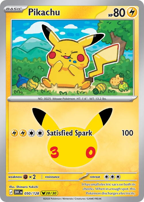 Pokemon Pikachu Shimaris Yukichi Pikachu Rare 30th Celebration 30C 050/128 English Single Card