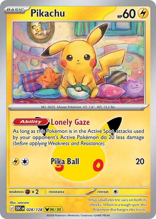 Pokemon Pikachu sowsow Pikachu Rare 30th Celebration 30C 028/128 English Single Card