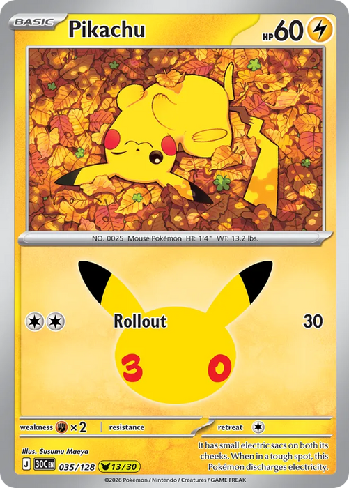 Pokemon Pikachu Susumu Maeya Pikachu Rare 30th Celebration 30C 035/128 English Single Card
