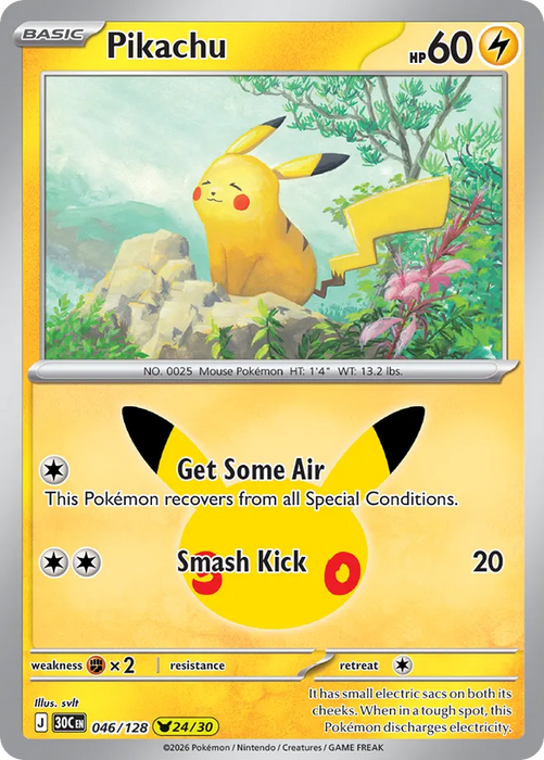 Pokemon Pikachu svlt Pikachu Rare 30th Celebration 30C 046/128 English Single Card