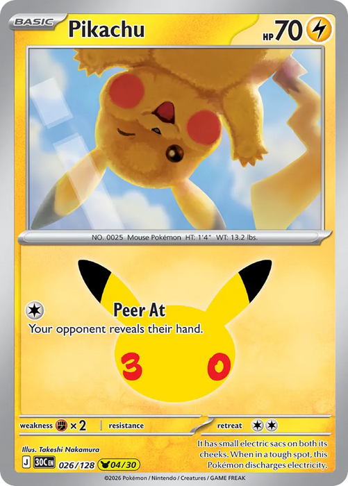 Pokemon Pikachu Takeshi Nakamura Pikachu Rare 30th Celebration 30C 026/128 English Single Card