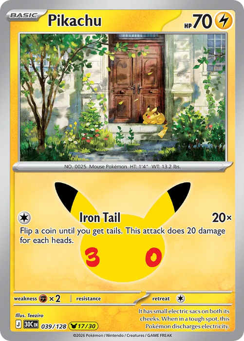 Pokemon Pikachu Teeziro Pikachu Rare 30th Celebration 30C 039/128 English Single Card
