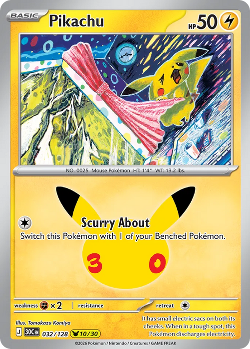 Pokemon Pikachu Tomokazu Komiya Pikachu Rare 30th Celebration 30C 032/128 English Single Card