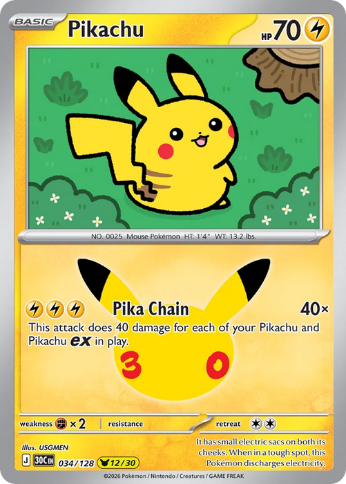Pokemon Pikachu USGMEN Pikachu Rare 30th Celebration 30C 034/128 English Single Card