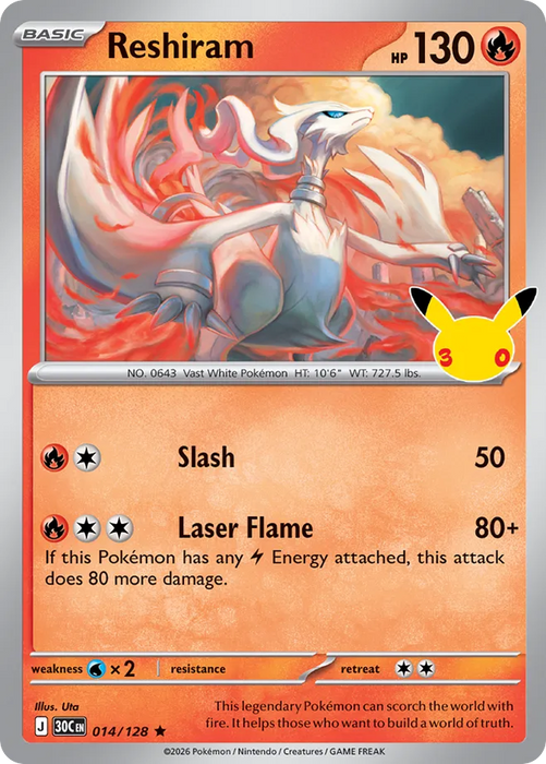 Pokemon Reshiram Holo 30th Celebration 30C 014/128 English Single Card