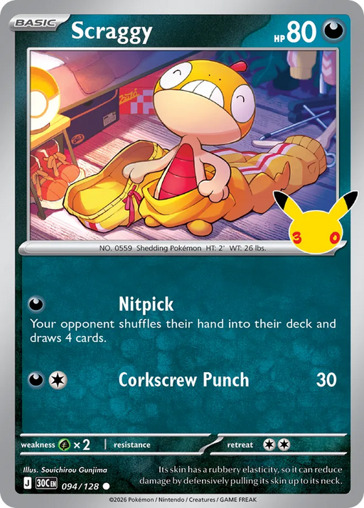 Pokemon Scraggy Holo 30th Celebration 30C 094/128 English Single Card