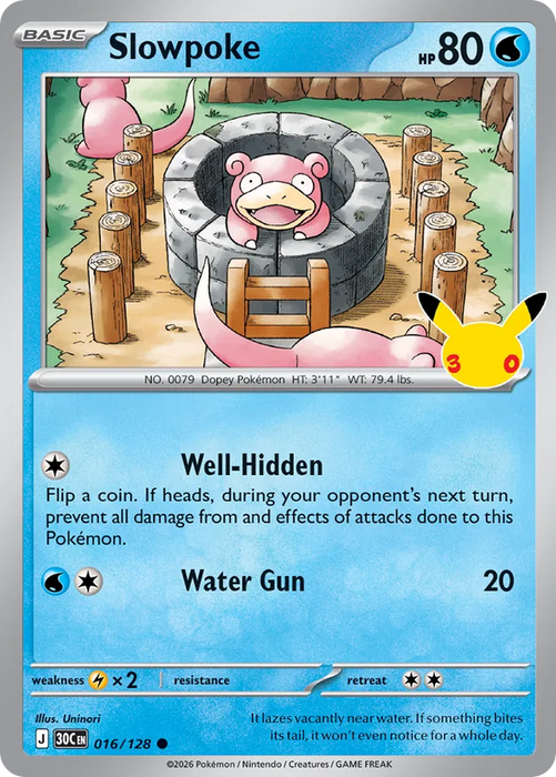 Pokemon Slowpoke Holo 30th Celebration 30C 016/128 English Single Card
