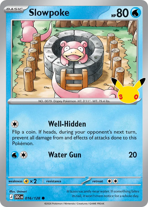 Pokemon Slowpoke Holo 30th Celebration 30C 016/128 English Single Card