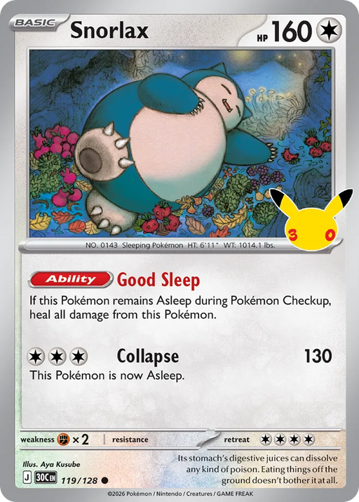 Pokemon Snorlax Holo 30th Celebration 30C 119/128 English Single Card