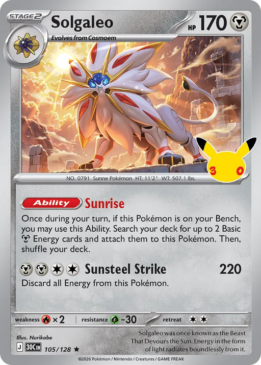 Pokemon Solgaleo Holo 30th Celebration 30C 105/128 English Single Card