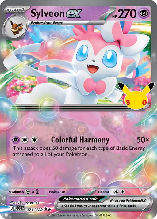 Pokemon Sylveon ex Holo 30th Celebration 30C 071/128 English Single Card
