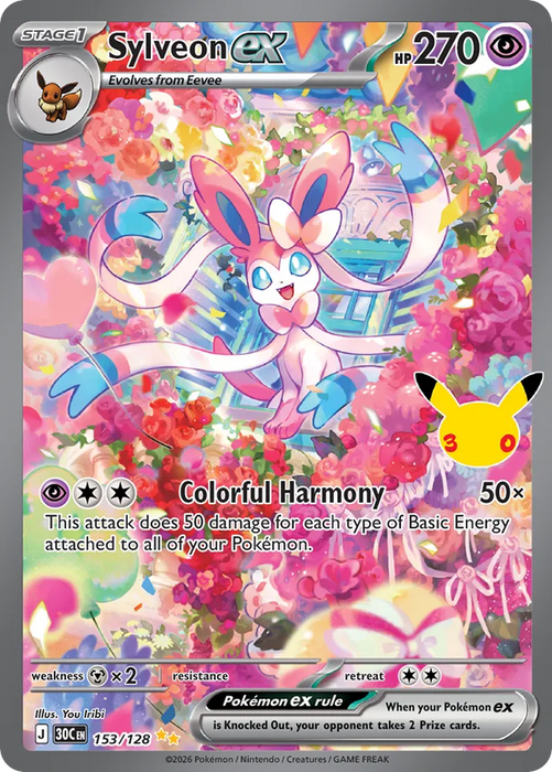 Pokemon Sylveon ex SIR 30th Celebration 30C 153/128 English Single Card