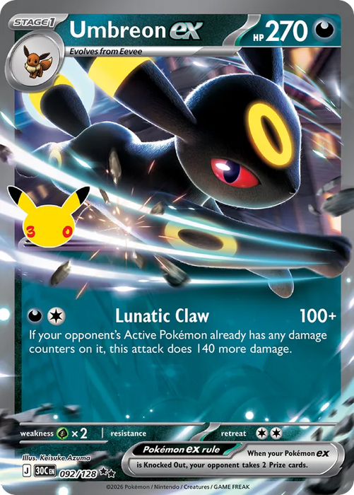 Pokemon Umbreon ex Holo 30th Celebration 30C 092/128 English Single Card