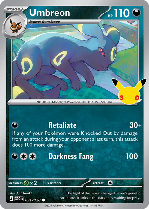 Pokemon Umbreon Holo 30th Celebration 30C 091/128 English Single Card