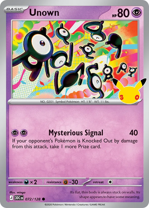Pokemon Unown Holo 30th Celebration 30C 072/128 English Single Card