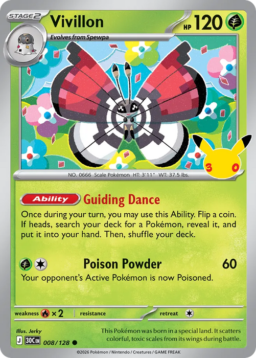 Pokemon Vivillon Holo 30th Celebration 30C 008/128 English Single Card
