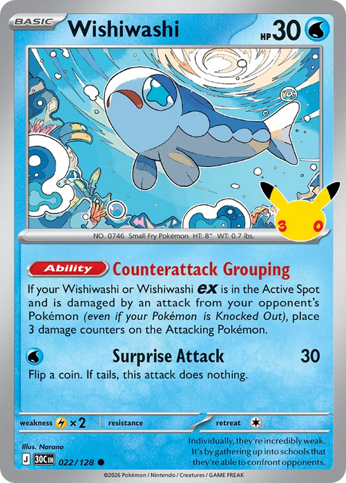 Pokemon Wishiwashi Holo 30th Celebration 30C 022/128 English Single Card