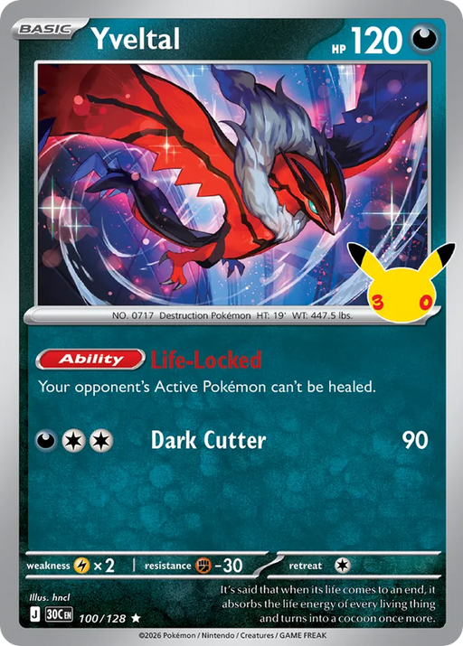 Pokemon Yveltal Holo 30th Celebration 30C 100/128 English Single Card