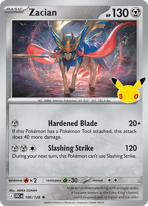 Pokemon Zacian Holo 30th Celebration 30C 106/128 English Single Card