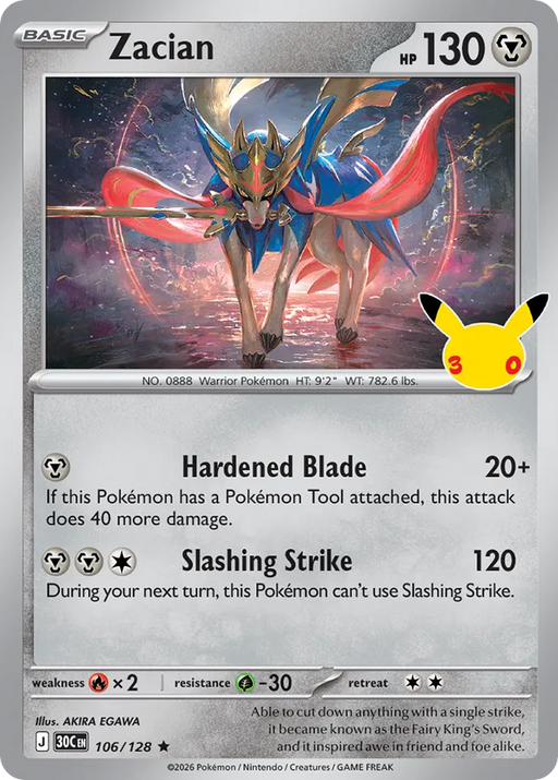 Pokemon Zacian Holo 30th Celebration 30C 106/128 English Single Card