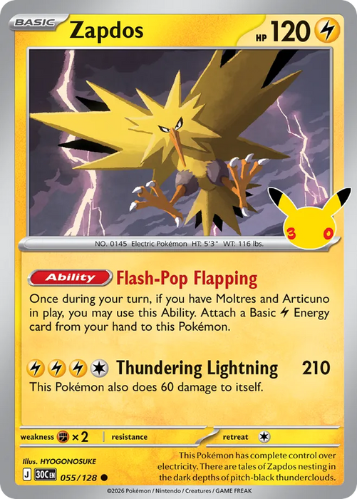 Pokemon Zapdos Holo 30th Celebration 30C 055/128 English Single Card