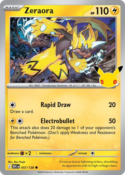 Pokemon Zeraora Holo 30th Celebration 30C 057/128 English Single Card