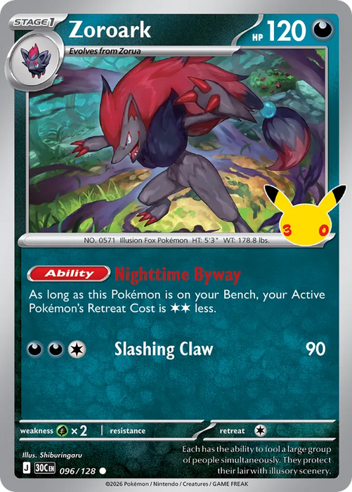 Pokemon Zoroark Holo 30th Celebration 30C 096/128 English Single Card
