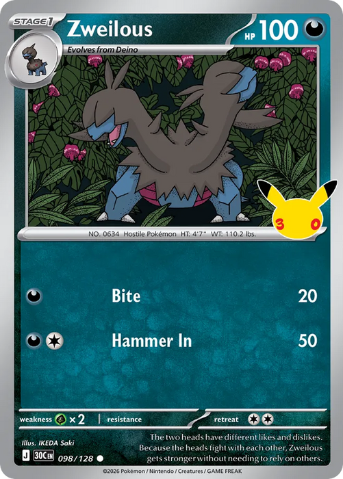 Pokemon Zweilous Holo 30th Celebration 30C 098/128 English Single Card