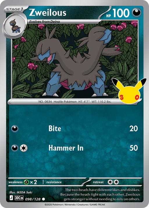 Pokemon Zweilous Holo 30th Celebration 30C 098/128 English Single Card
